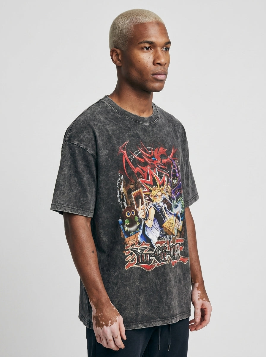 Vintage Oversized Jujutsu Kaisen Graphic Tee model lateral 3/4 — oversized washed cotton t-shirt | Tempus Arc premium anime streetwear
