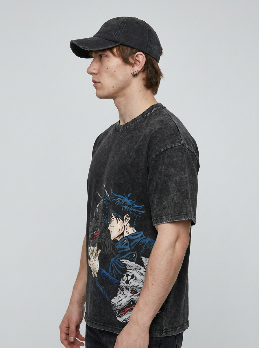 Vintage Oversized Jujutsu Kaisen Graphic Tee model side profile athletic — washed cotton t-shirt | Tempus Arc premium anime streetwear