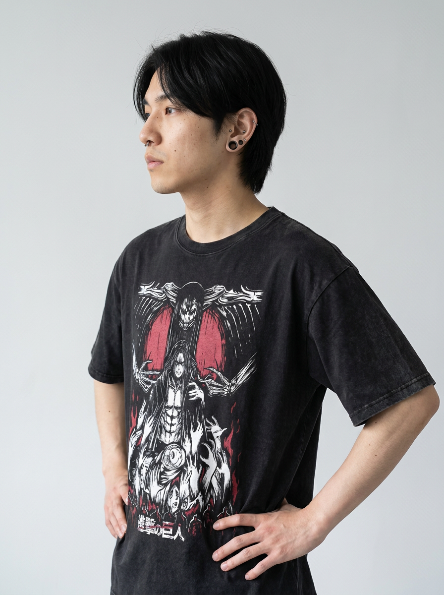 Vintage Oversized Jujutsu Kaisen Graphic Tee model side profile athletic — washed cotton t-shirt | Tempus Arc premium anime streetwear