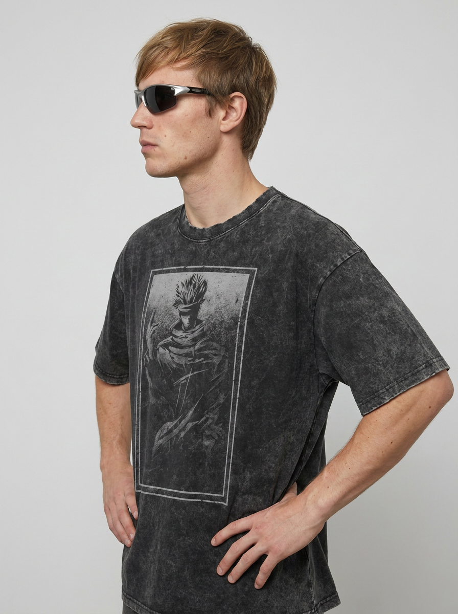 Vintage Oversized Jujutsu Kaisen Graphic Tee model side profile athletic — washed cotton t-shirt | Tempus Arc premium anime streetwear