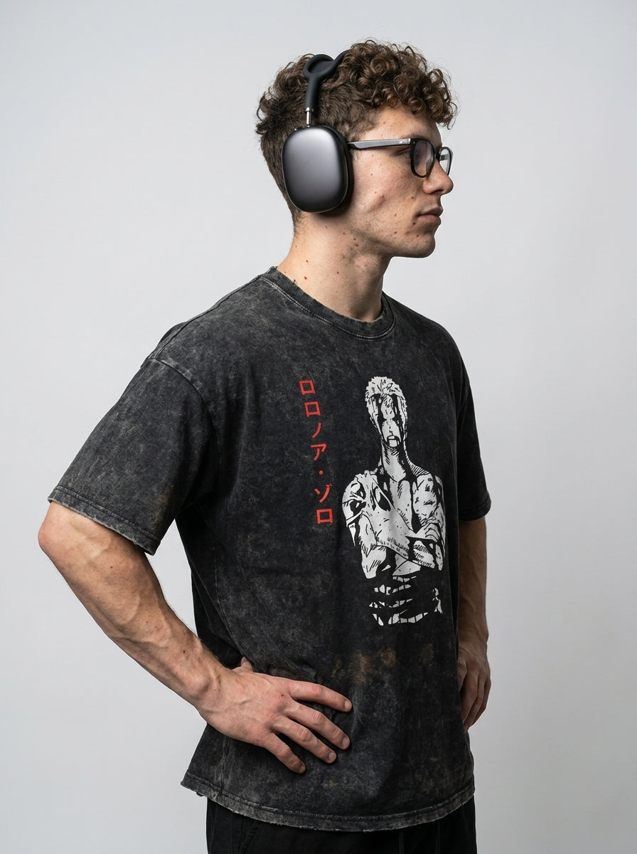 Vintage Oversized Jujutsu Kaisen Graphic Tee model side profile athletic — washed cotton t-shirt | Tempus Arc premium anime streetwear
