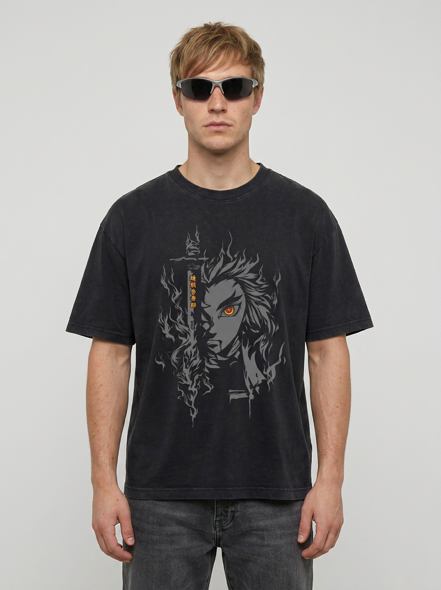 Vintage Oversized Jujutsu Kaisen Graphic Tee full body model — oversized boxed t-shirt | Tempus Arc premium anime streetwear