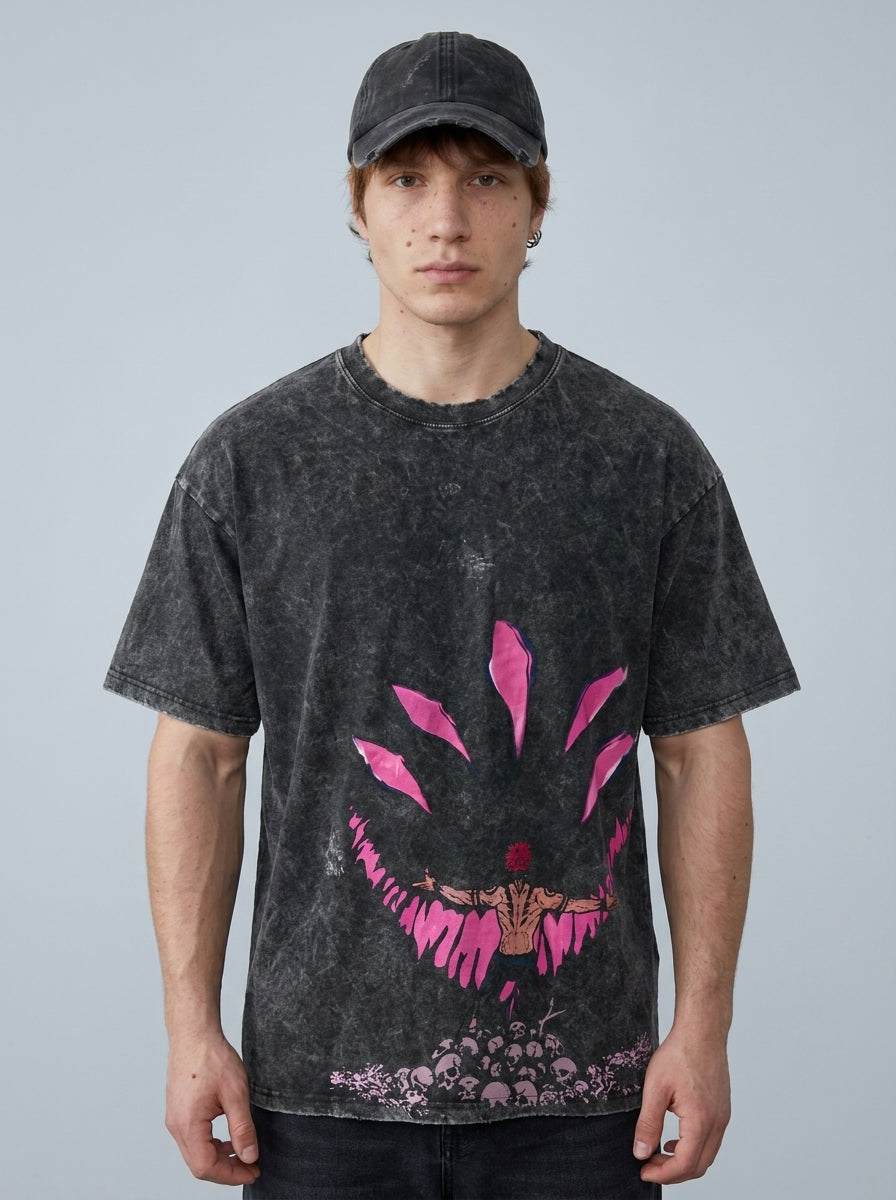 Vintage Oversized Jujutsu Kaisen Graphic Tee full body model — oversized boxed t-shirt | Tempus Arc premium anime streetwear
