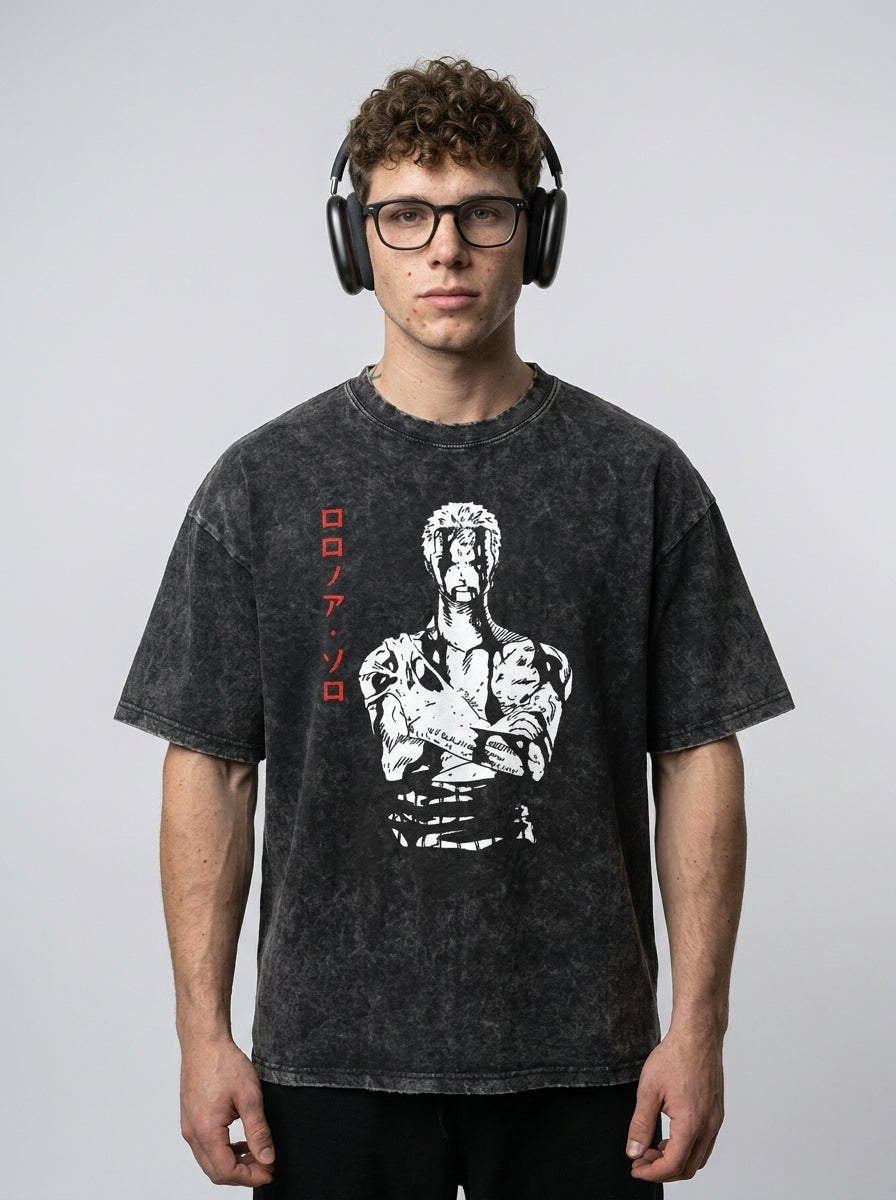 Vintage Oversized Jujutsu Kaisen Graphic Tee full body model — oversized boxed t-shirt | Tempus Arc premium anime streetwear