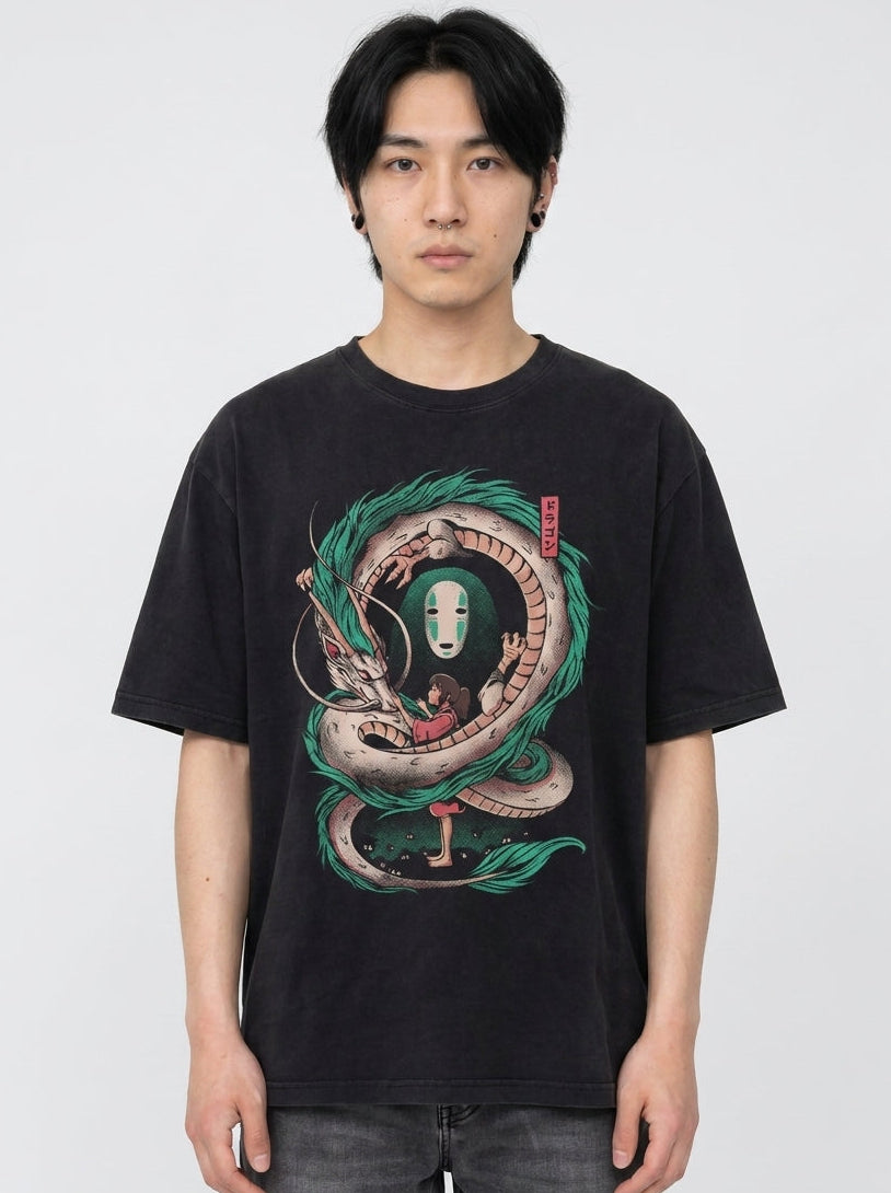 Vintage Oversized Jujutsu Kaisen Graphic Tee full body model — oversized boxed t-shirt | Tempus Arc premium anime streetwear