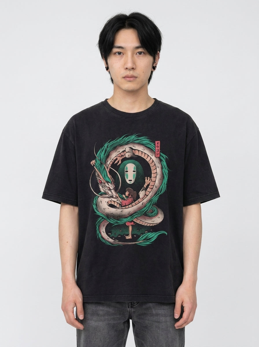 Vintage Oversized Jujutsu Kaisen Graphic Tee full body model — oversized boxed t-shirt | Tempus Arc premium anime streetwear