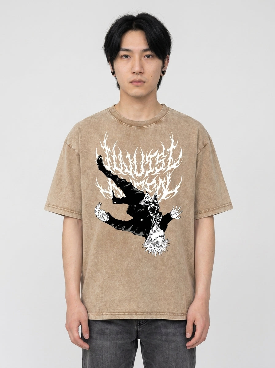 Vintage Oversized Jujutsu Kaisen Graphic Tee full body model — oversized boxed t-shirt | Tempus Arc premium anime streetwear
