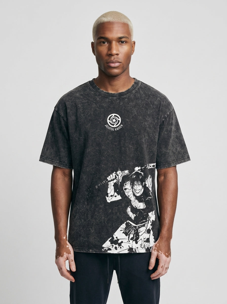 Vintage Oversized Jujutsu Kaisen Graphic Tee full body model — oversized boxed t-shirt | Tempus Arc premium anime streetwear