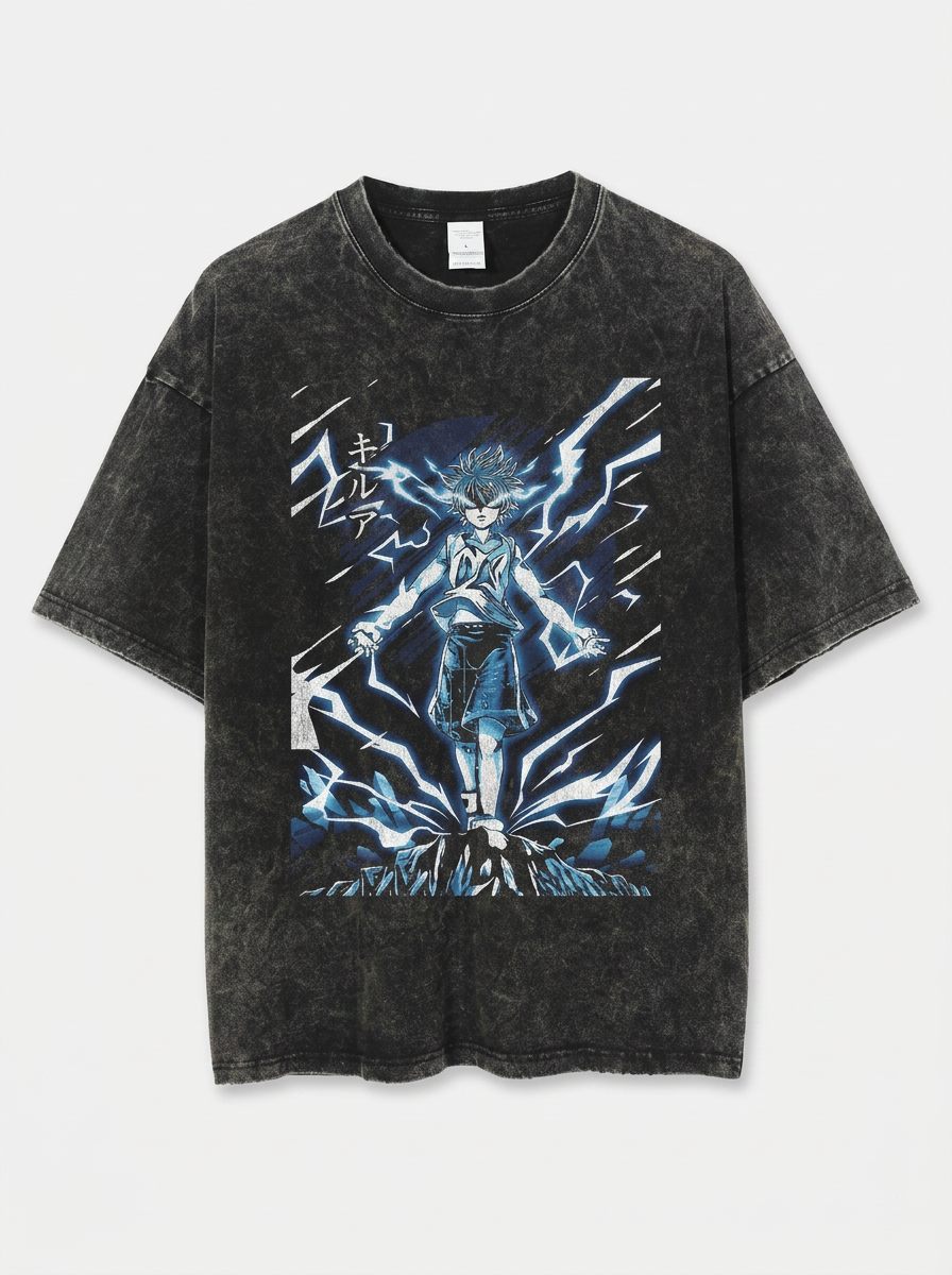 Vintage Oversized Jujutsu Kaisen Graphic Tee flat lay front view — washed black oversized t-shirt | Tempus Arc premium anime streetwear