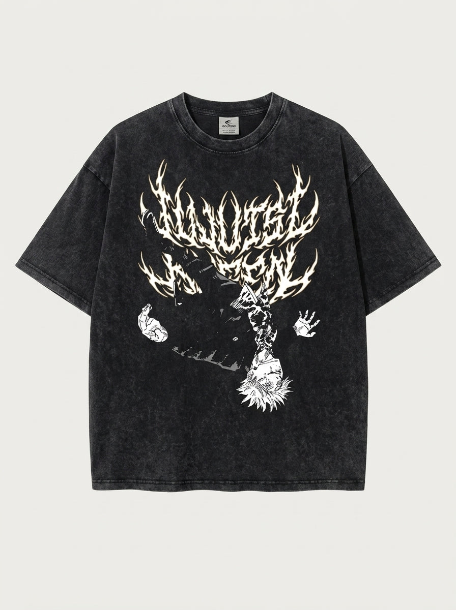 Vintage Oversized Jujutsu Kaisen Graphic Tee flat lay front view — washed black oversized t-shirt | Tempus Arc premium anime streetwear