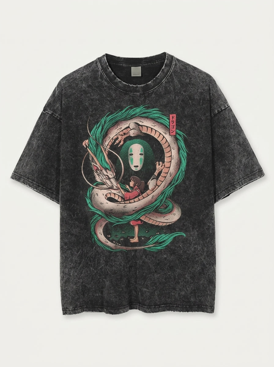 Vintage Oversized Jujutsu Kaisen Graphic Tee flat lay front view — washed black oversized t-shirt | Tempus Arc premium anime streetwear