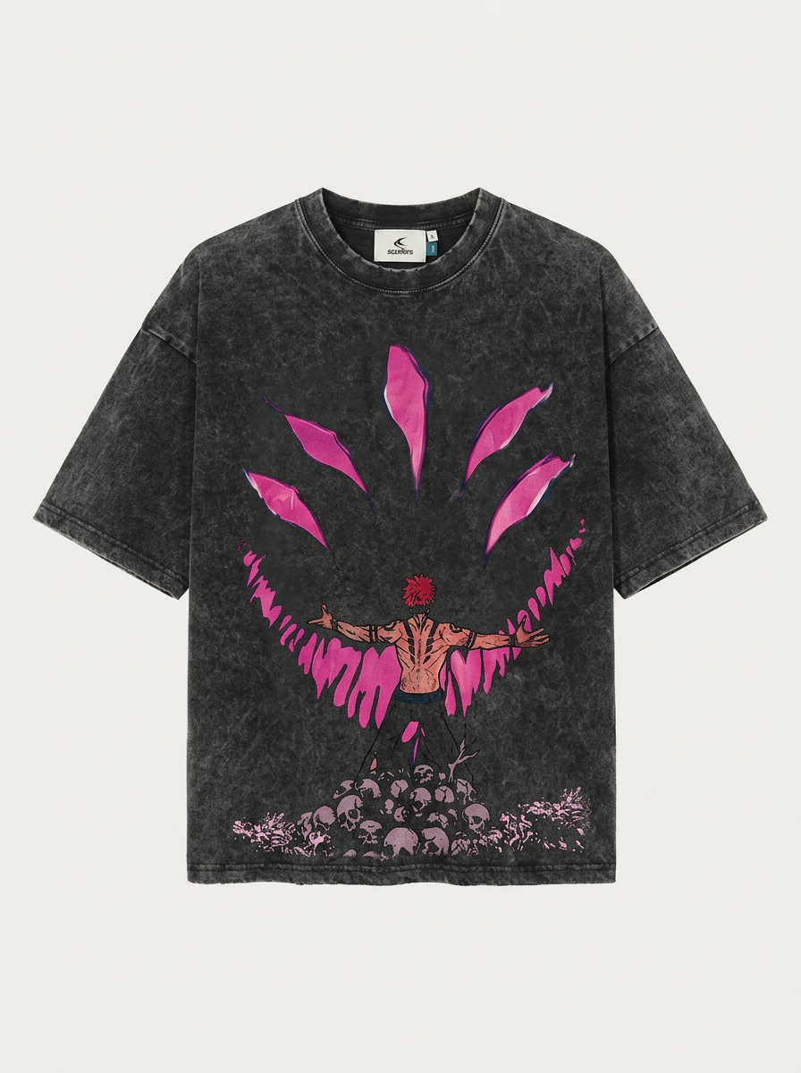 Vintage Oversized Jujutsu Kaisen Graphic Tee flat lay front view — washed black oversized t-shirt | Tempus Arc premium anime streetwear