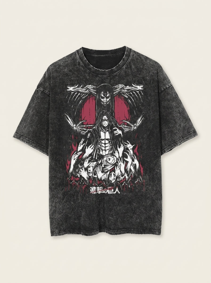 Vintage Oversized Jujutsu Kaisen Graphic Tee flat lay front view — washed black oversized t-shirt | Tempus Arc premium anime streetwear