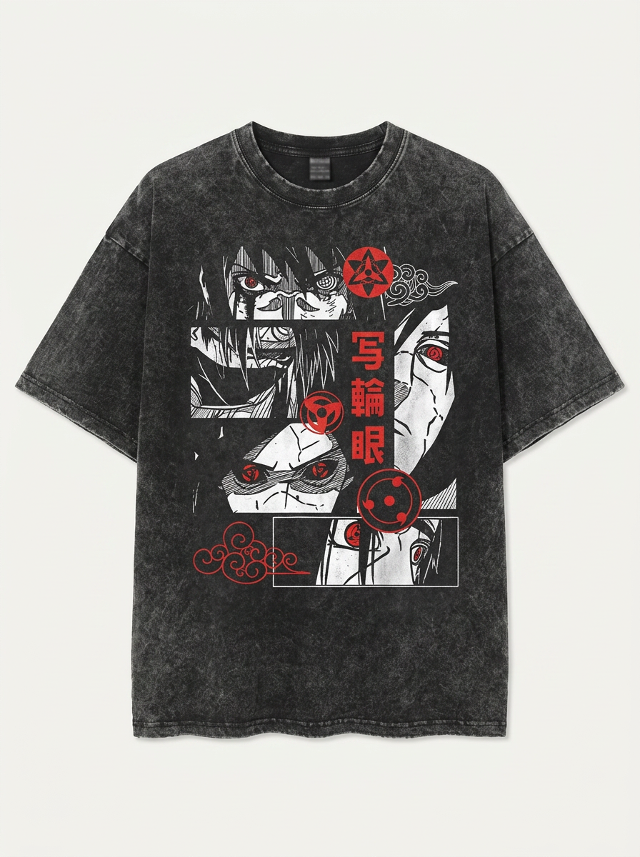 Vintage Oversized Jujutsu Kaisen Graphic Tee flat lay front view — washed black oversized t-shirt | Tempus Arc premium anime streetwear