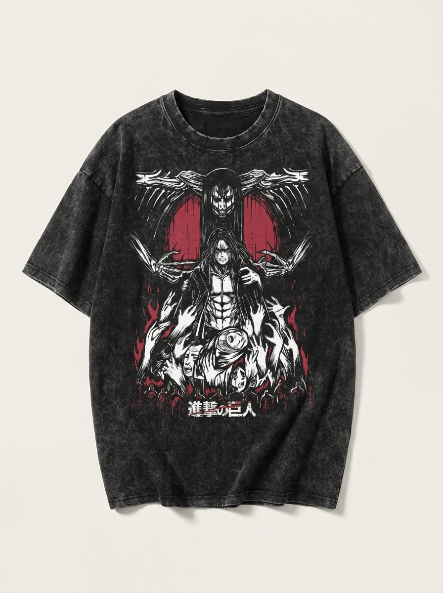 Vintage Oversized Jujutsu Kaisen Graphic Tee angle perspective shot — washed cotton t-shirt | Tempus Arc premium anime streetwear