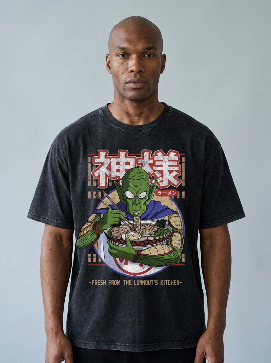 Vintage Ramen Time T-Shirt - Oversized Anime Style on male model — washed black t-shirt front view | Tempus Arc premium anime streetwear