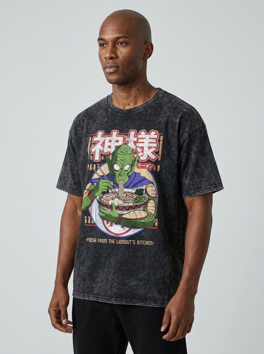 Vintage Ramen Time T-Shirt - Oversized Anime Style side view on model — oversized washed cotton t-shirt | Tempus Arc premium anime streetwear