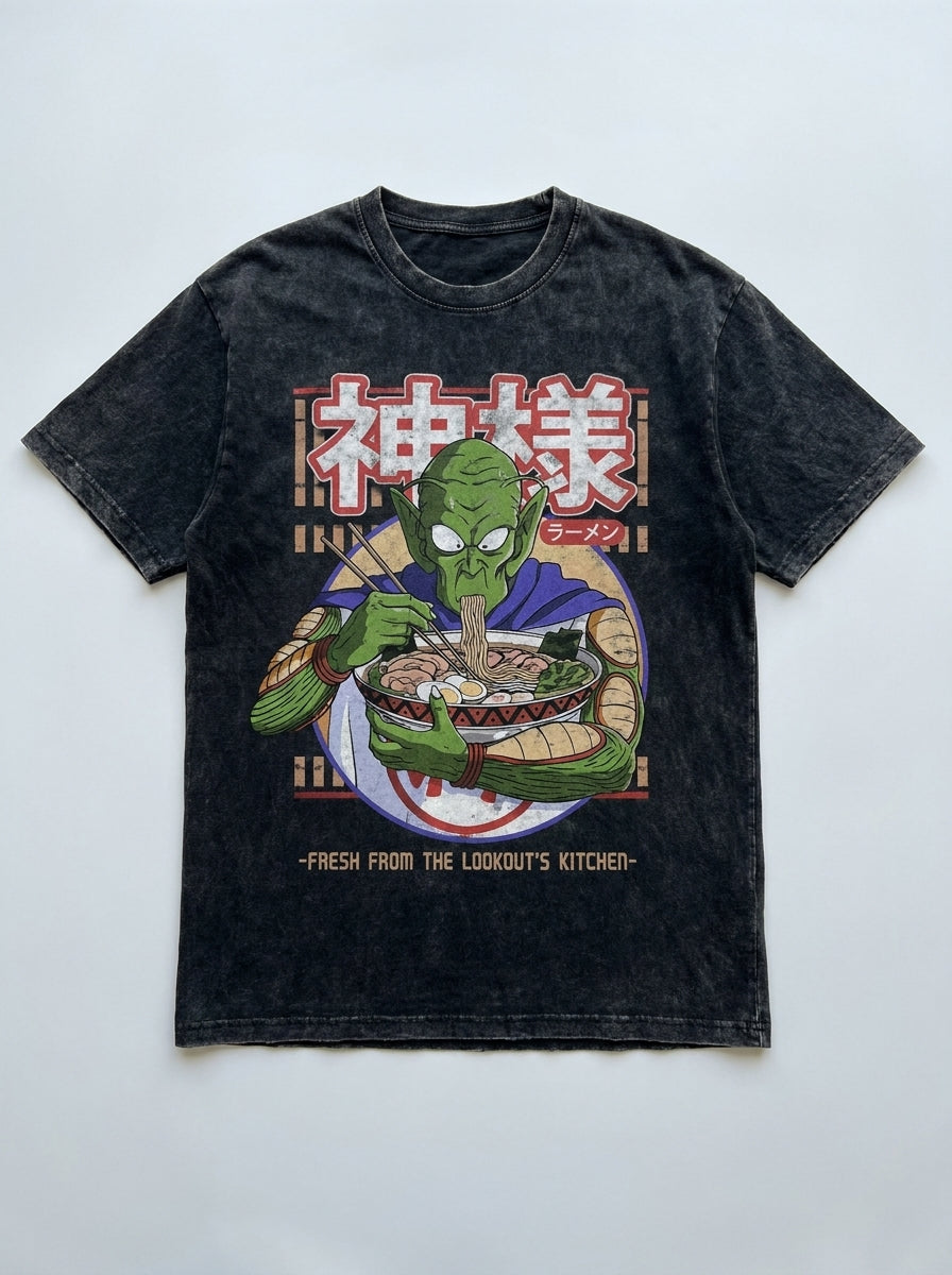 Vintage Ramen Time T-Shirt - Oversized Anime Style flat lay — washed black oversized anime t-shirt | Tempus Arc premium anime streetwear
