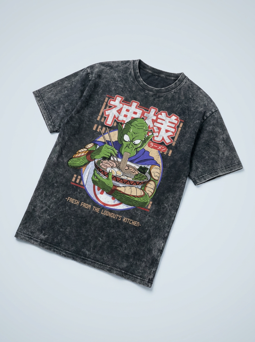 Vintage Ramen Time T-Shirt - Oversized Anime Style angle perspective shot — vintage washed cotton t-shirt | Tempus Arc premium anime streetwear