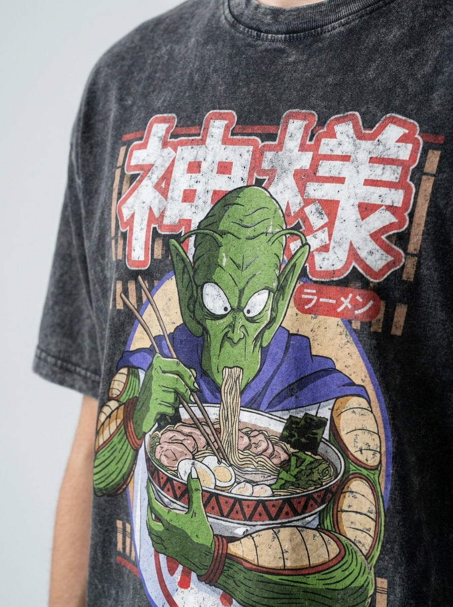 Vintage Ramen Time T-Shirt - Oversized Anime Style print detail close-up — vintage washed mineral cotton | Tempus Arc premium anime streetwear