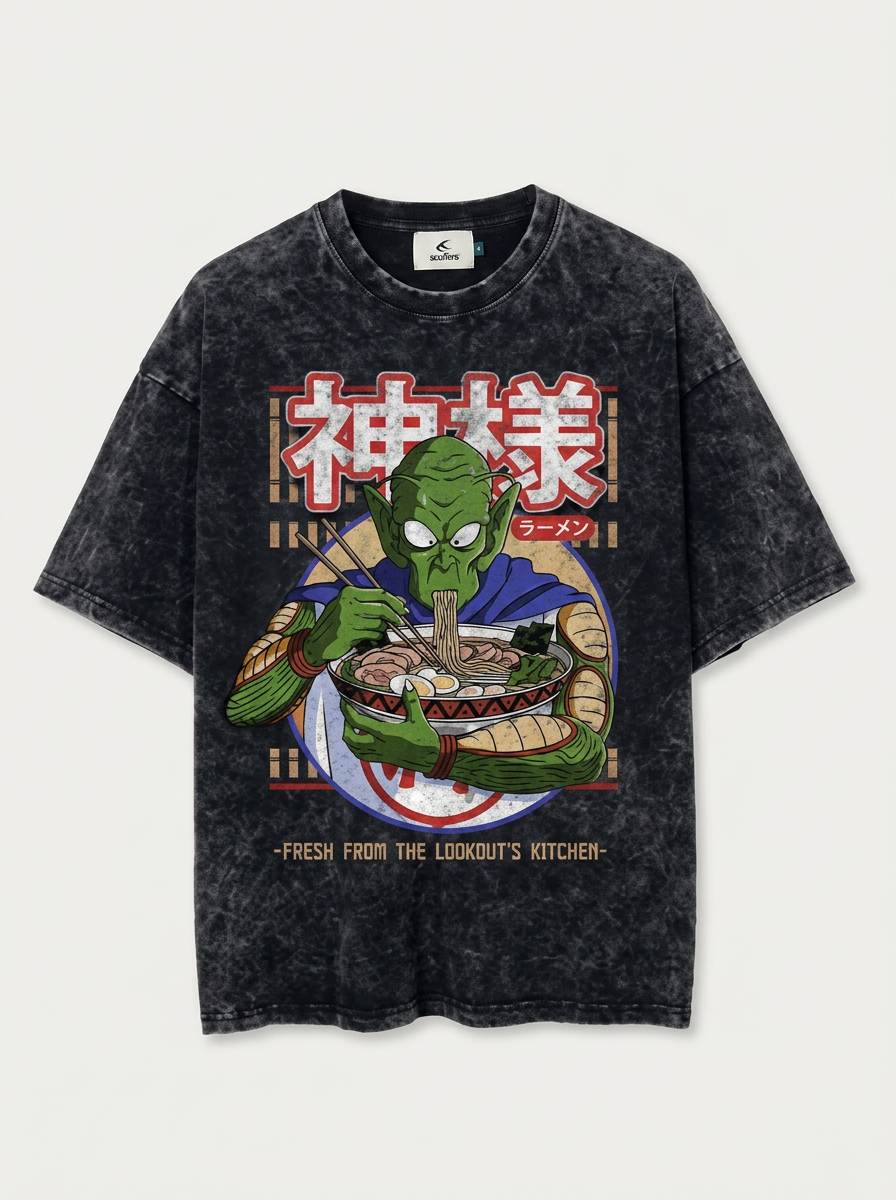 Vintage Ramen Time T-Shirt - Oversized Anime Style flat lay front view — washed black oversized t-shirt | Tempus Arc premium anime streetwear