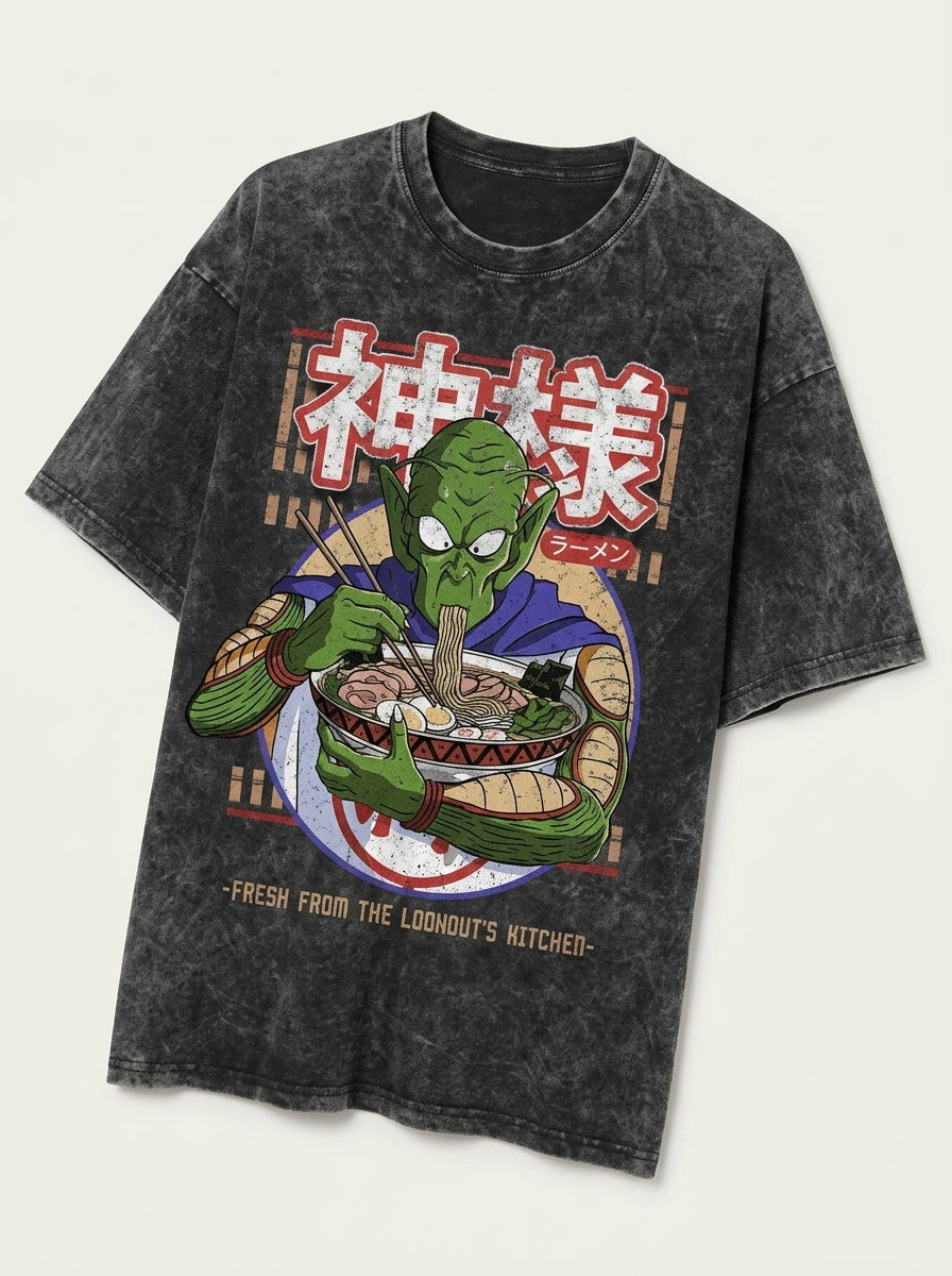 Vintage Ramen Time T-Shirt - Oversized Anime Style angle perspective shot — washed cotton t-shirt | Tempus Arc premium anime streetwear