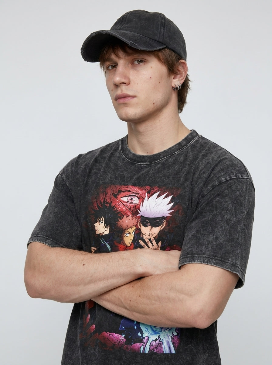 Vintage Wash Graphic Tee - Streetwear Anime Summer on model arms crossed — washed black t-shirt | Tempus Arc premium anime streetwear