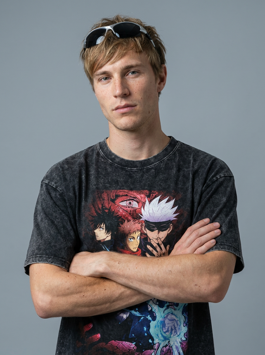 Vintage Wash Graphic Tee - Streetwear Anime Summer on model arms crossed — washed black t-shirt | Tempus Arc premium anime streetwear