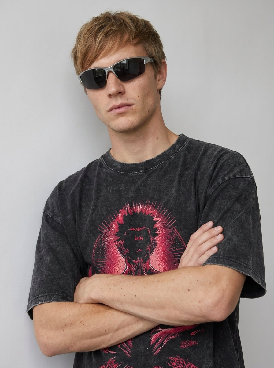 Vintage Wash Graphic Tee - Streetwear Anime Summer on model arms crossed — washed black t-shirt | Tempus Arc premium anime streetwear