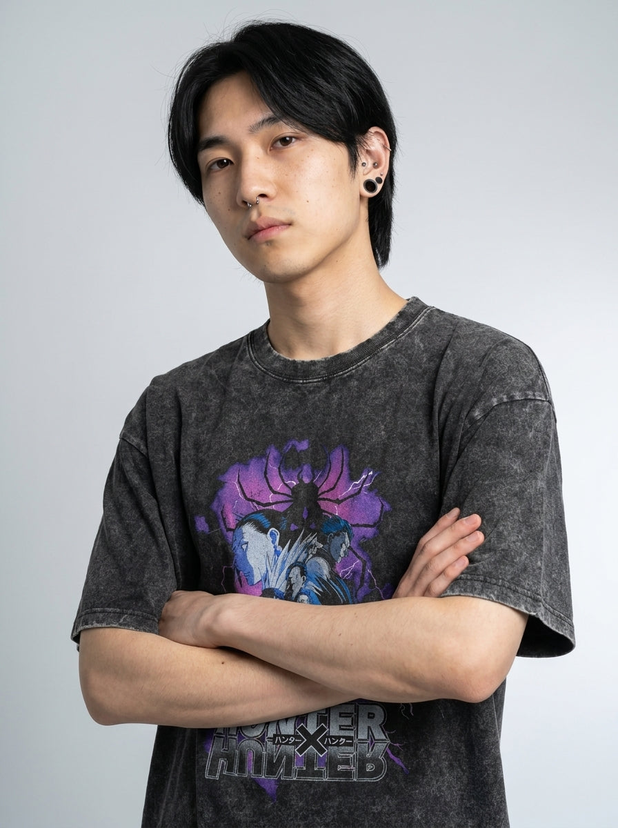 Vintage Wash Graphic Tee - Streetwear Anime Summer on model arms crossed — washed black t-shirt | Tempus Arc premium anime streetwear