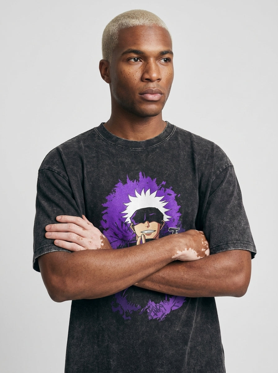 Vintage Wash Graphic Tee - Streetwear Anime Summer on model arms crossed — washed black t-shirt | Tempus Arc premium anime streetwear