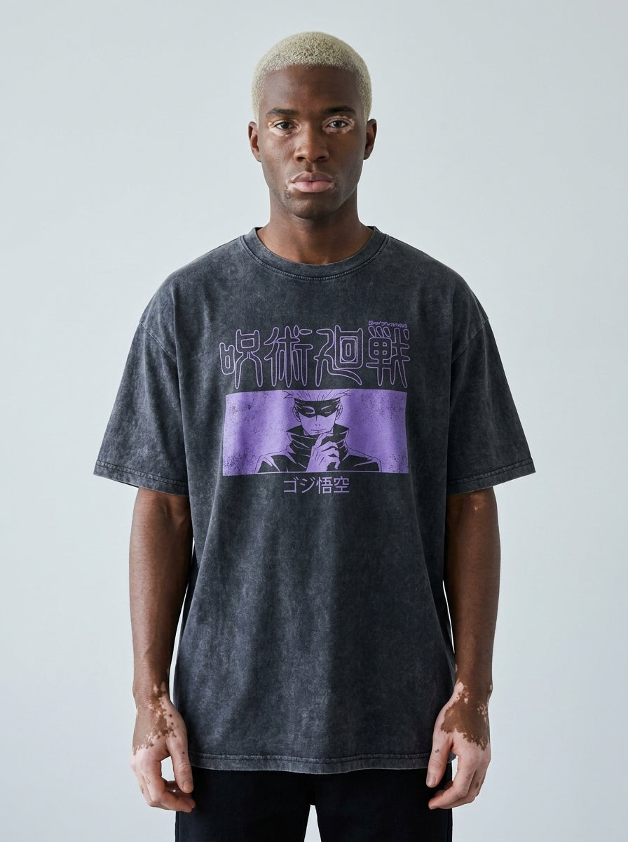 Vintage Wash Graphic Tee - Streetwear Anime Summer model frontal central — washed black t-shirt | Tempus Arc premium anime streetwear