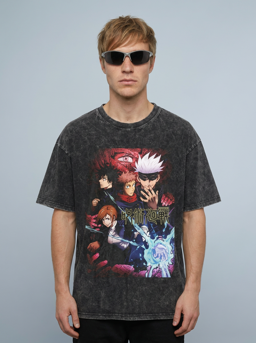 Vintage Wash Graphic Tee - Streetwear Anime Summer model frontal central — washed black t-shirt | Tempus Arc premium anime streetwear