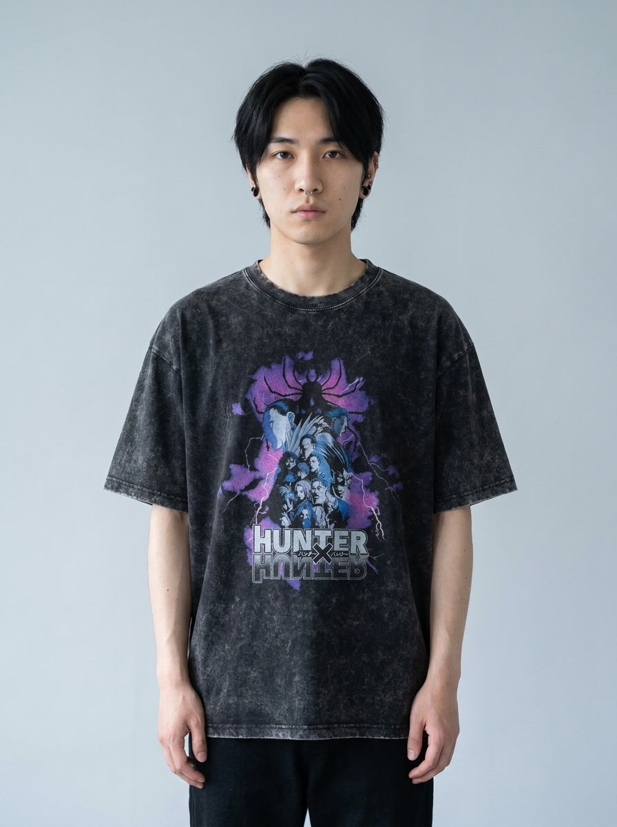 Vintage Wash Graphic Tee - Streetwear Anime Summer model frontal central — washed black t-shirt | Tempus Arc premium anime streetwear
