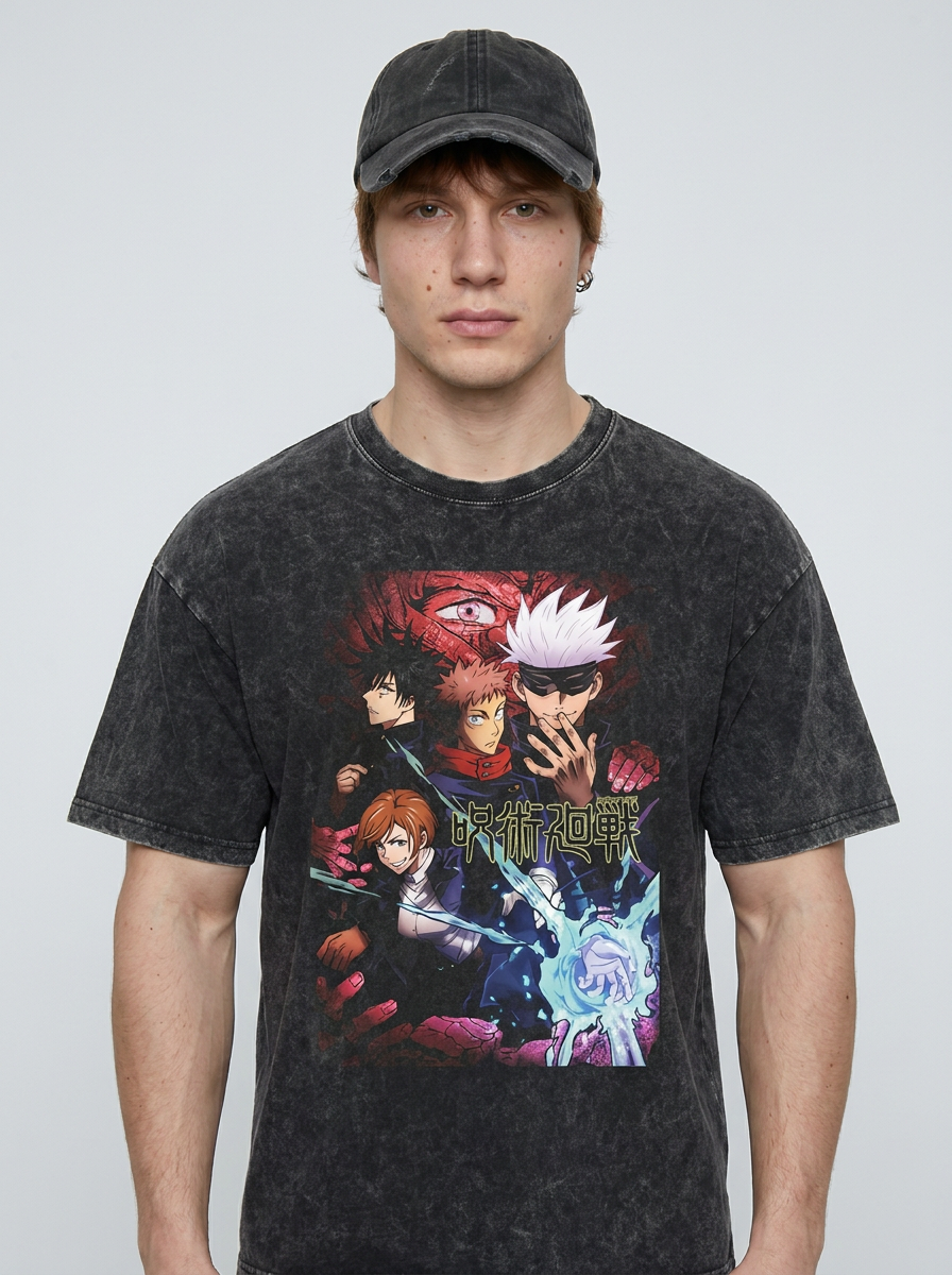 Vintage Wash Graphic Tee - Streetwear Anime Summer model frontal central — washed black t-shirt | Tempus Arc premium anime streetwear