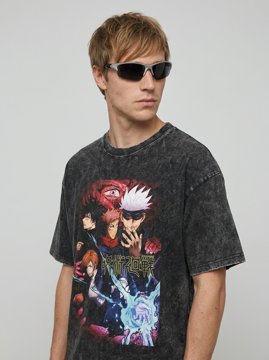 Vintage Wash Graphic Tee - Streetwear Anime Summer model lateral 3/4 — oversized washed cotton t-shirt | Tempus Arc premium anime streetwear