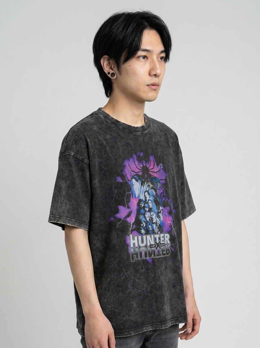Vintage Wash Graphic Tee - Streetwear Anime Summer model lateral 3/4 — oversized washed cotton t-shirt | Tempus Arc premium anime streetwear