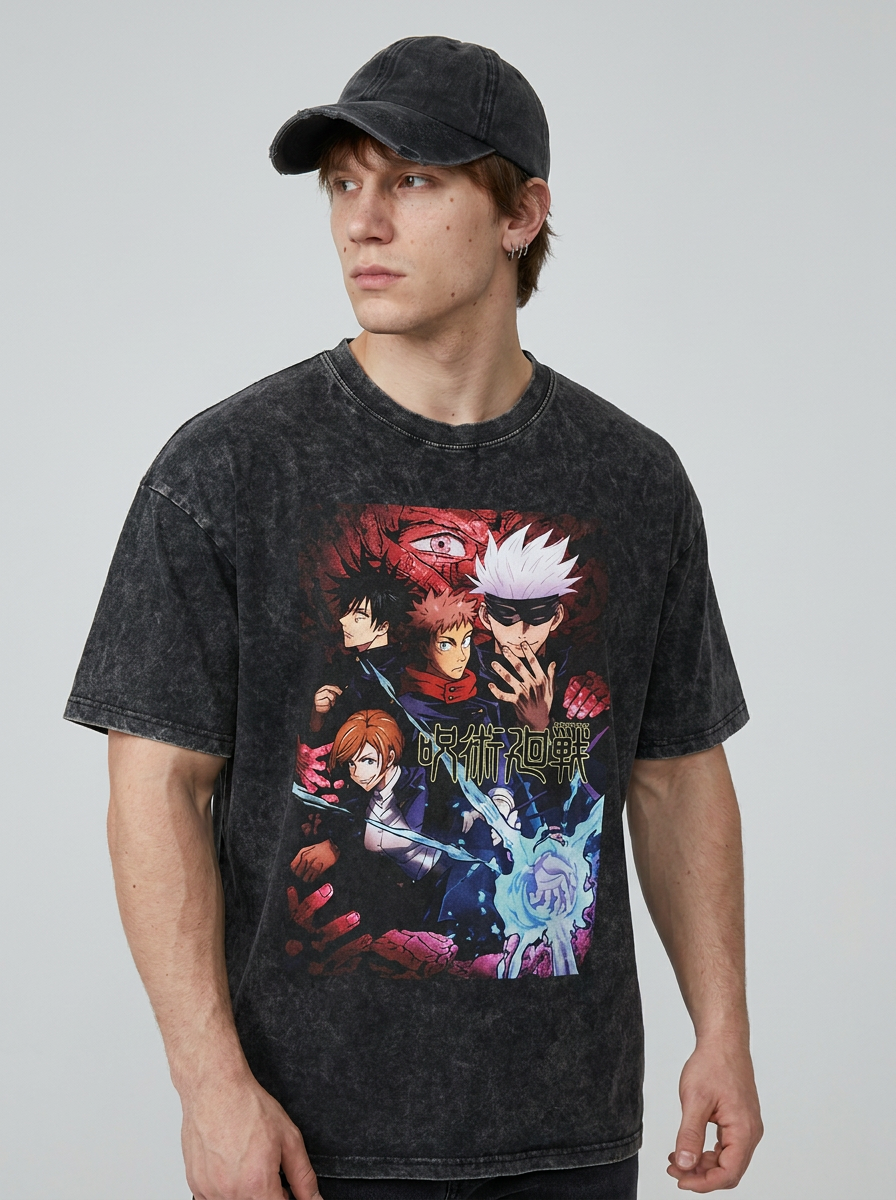 Vintage Wash Graphic Tee - Streetwear Anime Summer model lateral 3/4 — oversized washed cotton t-shirt | Tempus Arc premium anime streetwear