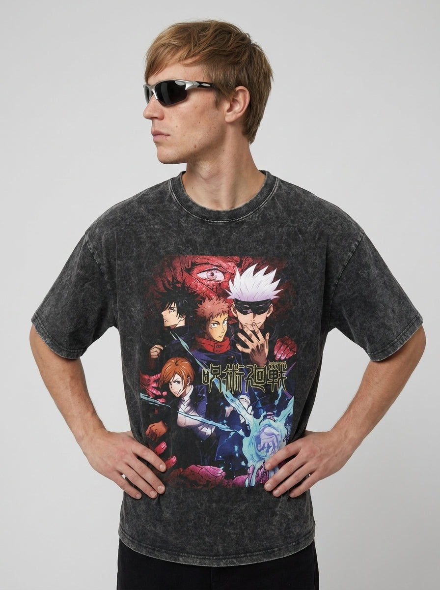 Vintage Wash Graphic Tee - Streetwear Anime Summer model side profile athletic — washed cotton t-shirt | Tempus Arc premium anime streetwear