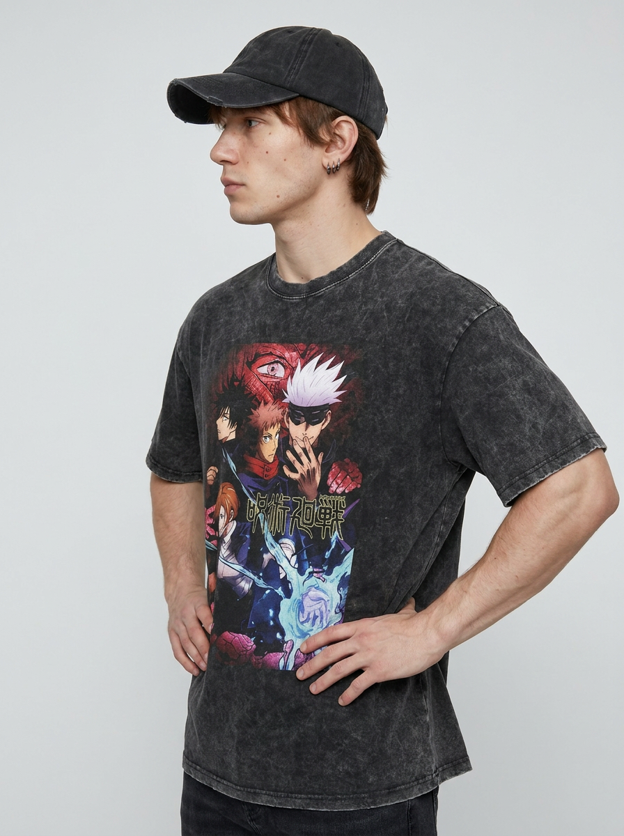 Vintage Wash Graphic Tee - Streetwear Anime Summer model side profile athletic — washed cotton t-shirt | Tempus Arc premium anime streetwear