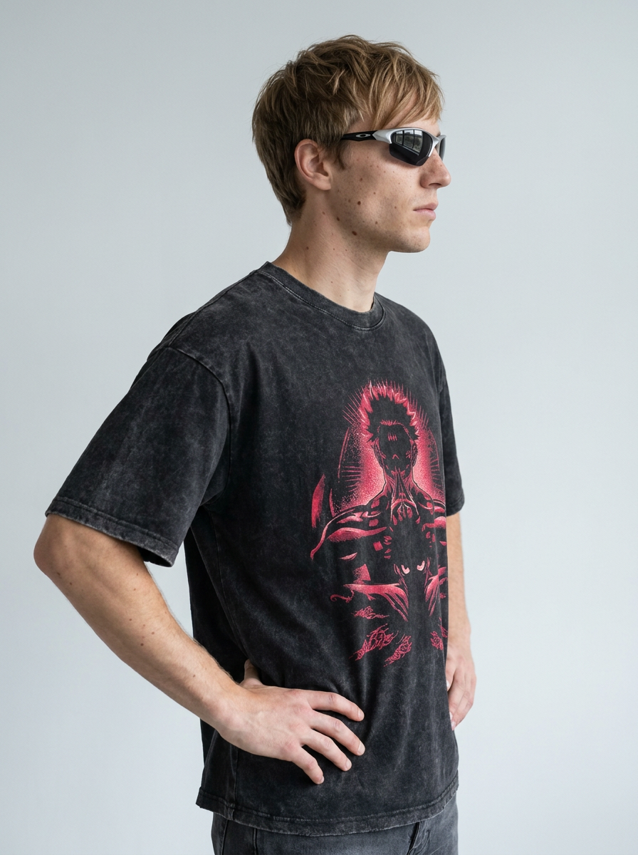 Vintage Wash Graphic Tee - Streetwear Anime Summer model side profile athletic — washed cotton t-shirt | Tempus Arc premium anime streetwear