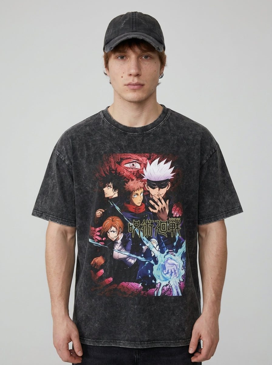 Vintage Wash Graphic Tee - Streetwear Anime Summer full body model — oversized boxed t-shirt | Tempus Arc premium anime streetwear