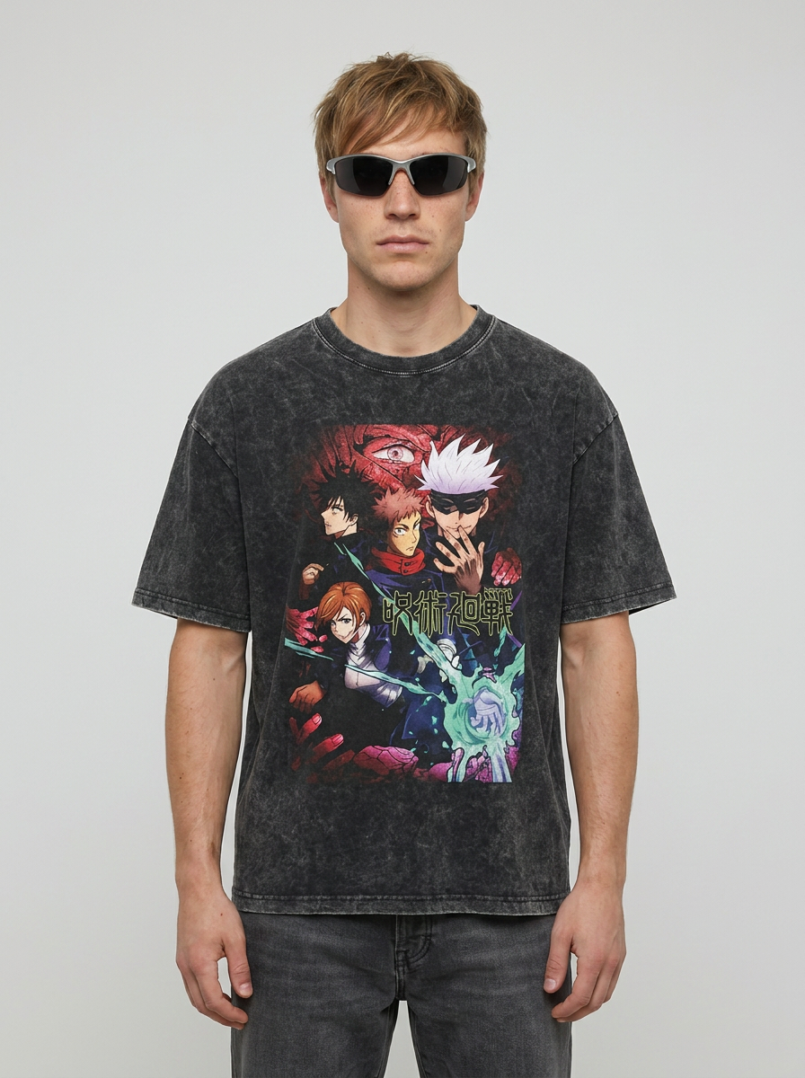 Vintage Wash Graphic Tee - Streetwear Anime Summer full body model — oversized boxed t-shirt | Tempus Arc premium anime streetwear