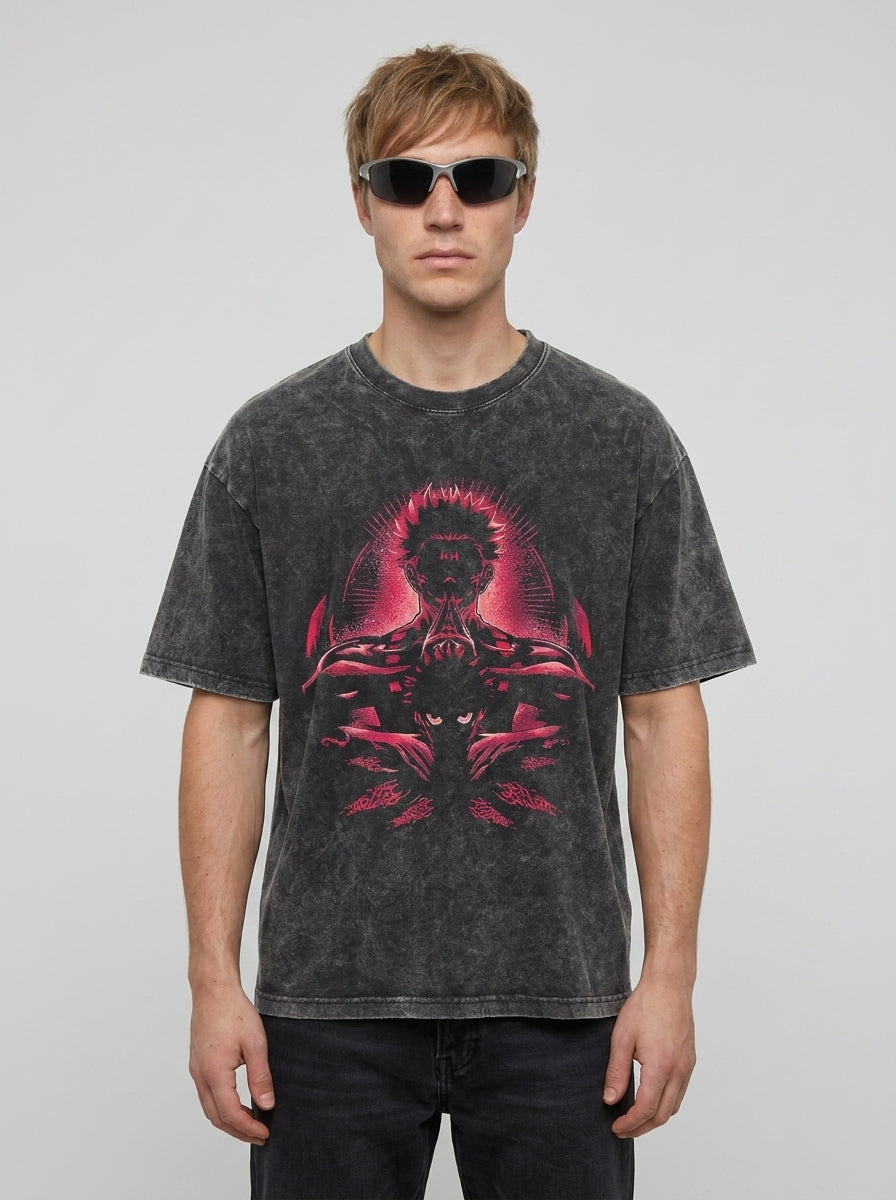 Vintage Wash Graphic Tee - Streetwear Anime Summer full body model — oversized boxed t-shirt | Tempus Arc premium anime streetwear