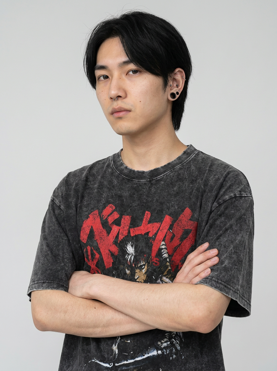 Vintage Washable T-Shirt - Streetwear Anime Graphic on model arms crossed — washed black t-shirt | Tempus Arc premium anime streetwear