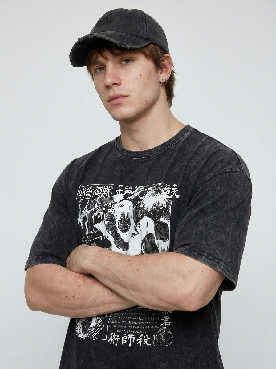 Vintage Washable T-Shirt - Streetwear Anime Graphic on model arms crossed — washed black t-shirt | Tempus Arc premium anime streetwear