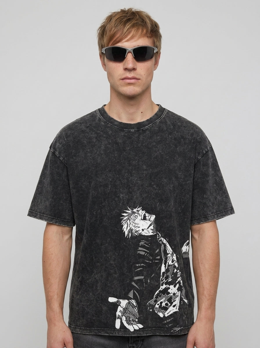 Vintage Washable T-Shirt - Streetwear Anime Graphic on male model — washed black t-shirt front view | Tempus Arc premium anime streetwear
