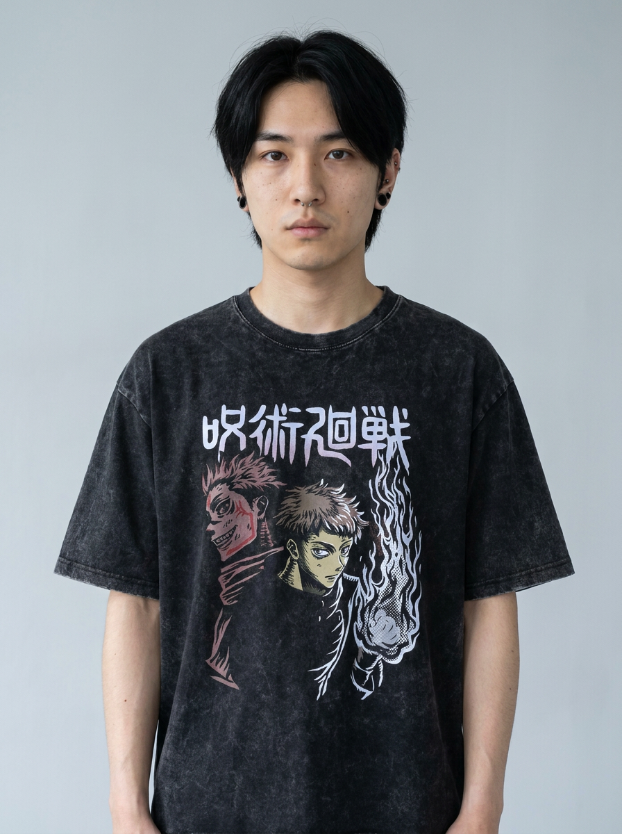 Vintage Washable T-Shirt - Streetwear Anime Graphic on male model — washed black t-shirt front view | Tempus Arc premium anime streetwear