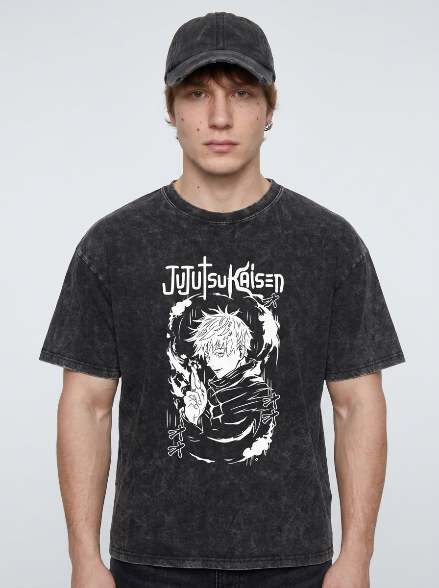 Vintage Washable T-Shirt - Streetwear Anime Graphic on male model — washed black t-shirt front view | Tempus Arc premium anime streetwear