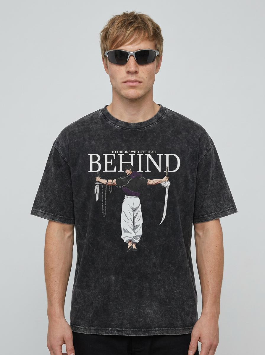 Vintage Washable T-Shirt - Streetwear Anime Graphic on male model — washed black t-shirt front view | Tempus Arc premium anime streetwear